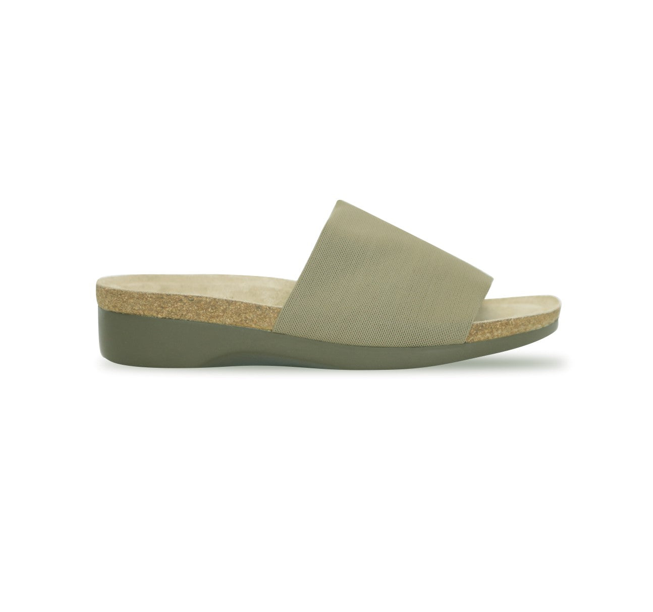 Casita single strap footbed slide sandal on low-wedge outsole in khaki stretch fabric-side view