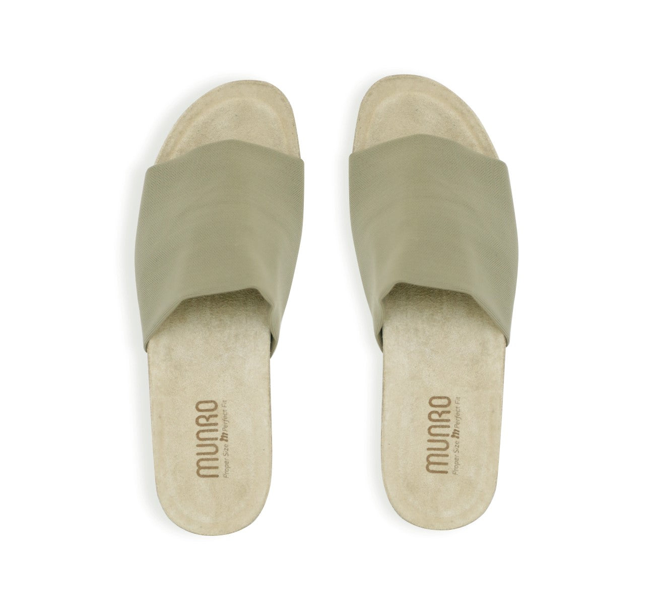 Casita single strap footbed slide sandal on low-wedge outsole in khaki stretch fabric-top view