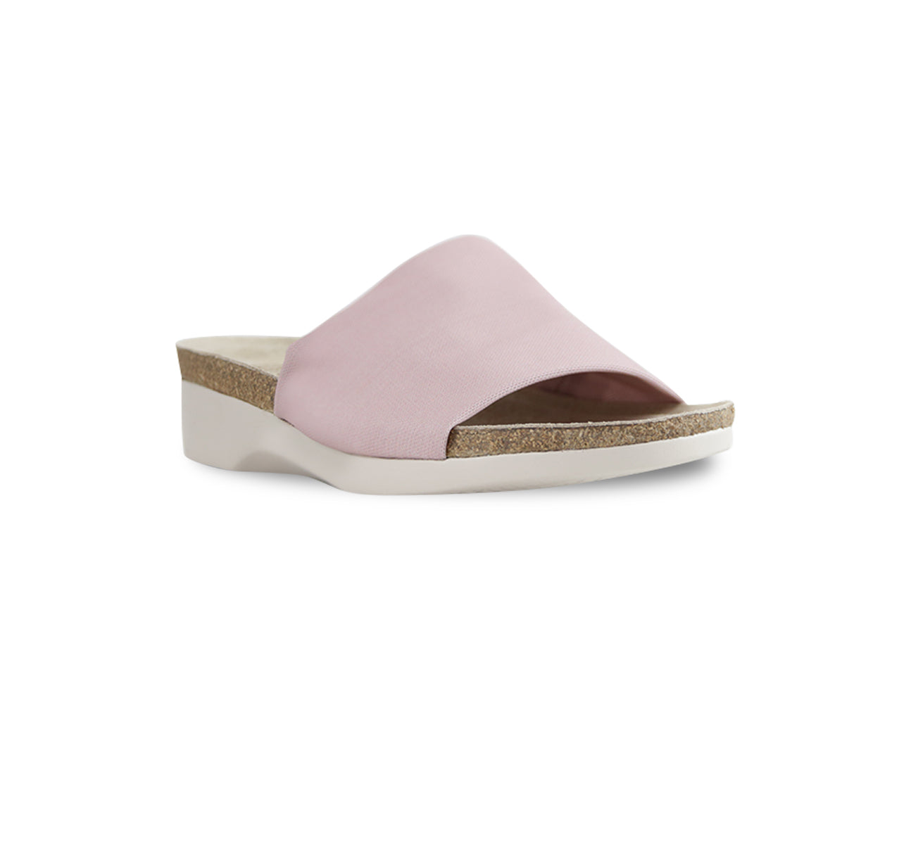 Casita single strap footbed slide sandal on low-wedge outsole in dusty pink stretch fabric-angle view