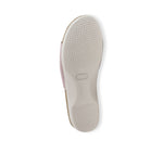 Casita single strap footbed slide sandal on low-wedge outsole in dusty pink stretch fabric-bottom view