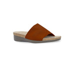 CASITA IS A SINGLE STRAP WEDGE SANDAL IN BRICK RED STRETCH FABRIC - ANGLE VIEW