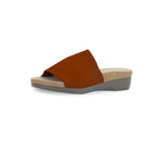 CASITA IS A SINGLE STRAP WEDGE SANDAL IN BRICK RED STRETCH FABRIC - INSIDE VIEW