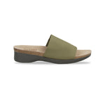 Casita single strap footbed slide sandal on low-wedge outsole in olive stretch fabric-side view