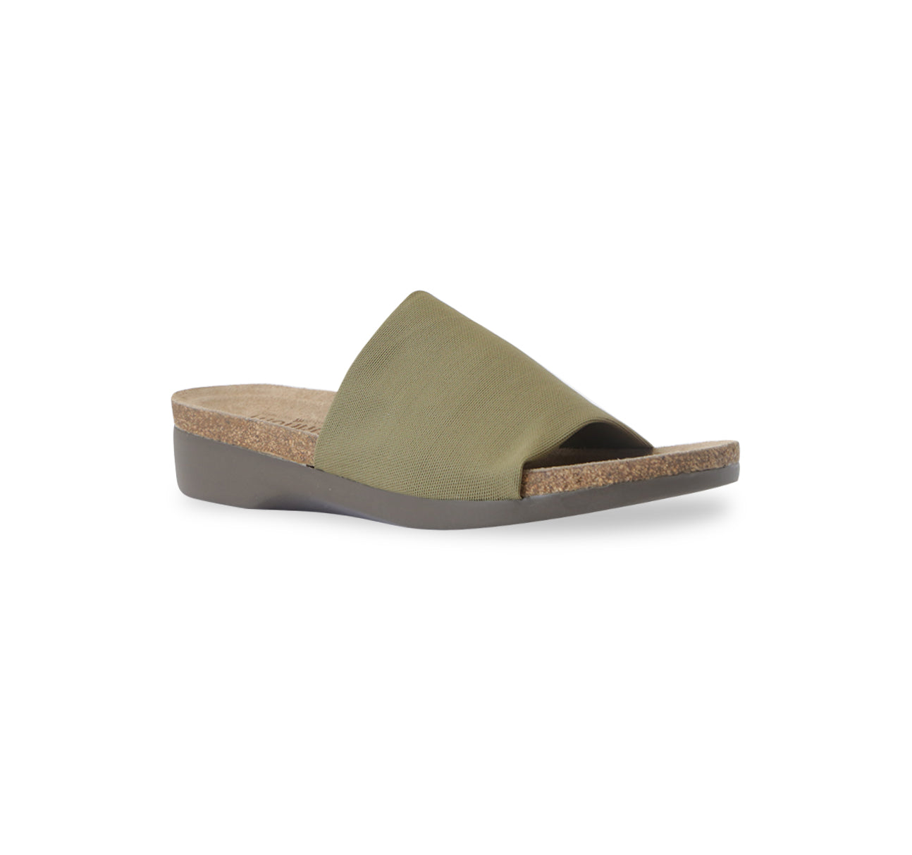 Casita single strap footbed slide sandal on low-wedge outsole in olive stretch fabric-angle view