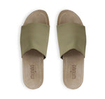 Casita single strap footbed slide sandal on low-wedge outsole in olive stretch fabric-top view