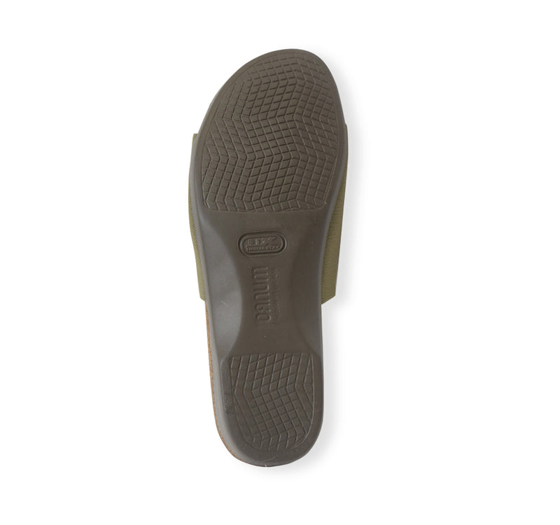 Casita single strap footbed slide sandal on low-wedge outsole in olive stretch fabric-bottom view