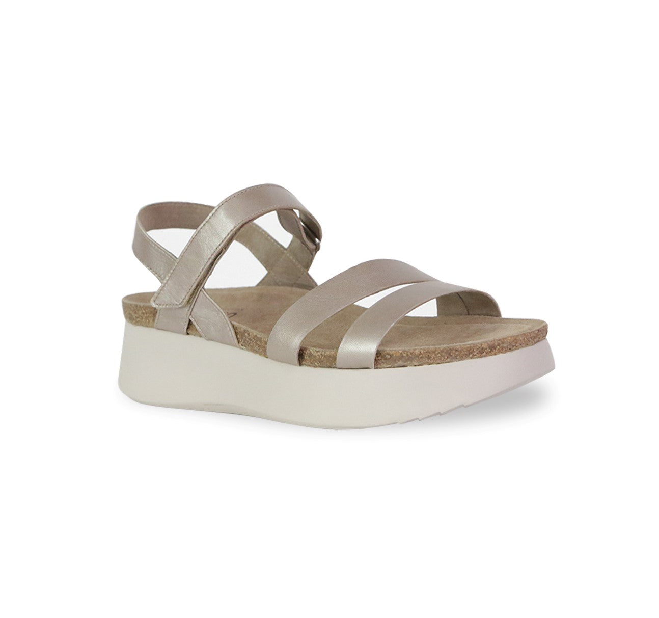 Juniper strappy suede covered cork footbed sandal on platform wedge in taupe metallic leather-angle view