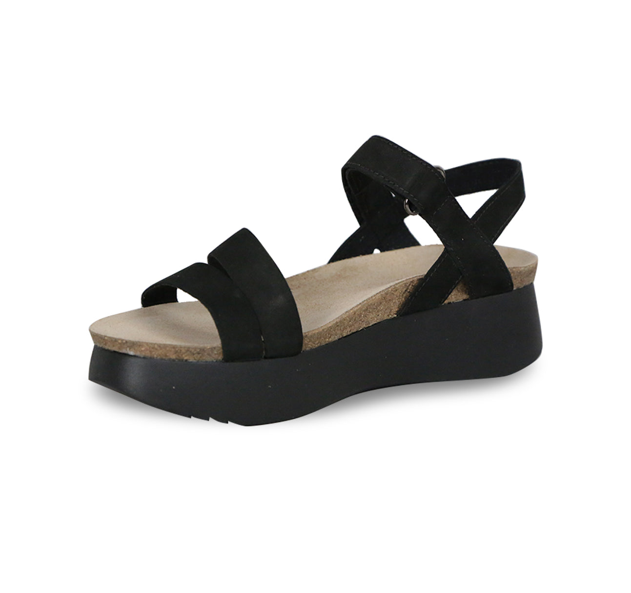 Juniper strappy suede covered cork footbed sandal on platform wedge in black nubuck-inside view