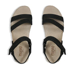 Juniper strappy suede covered cork footbed sandal on platform wedge in black nubuck-top view