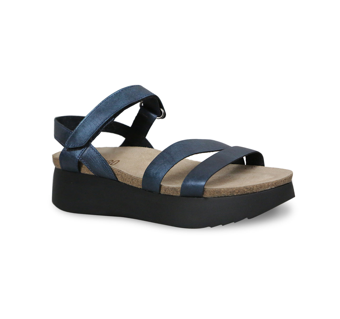 Juniper strappy suede covered cork footbed sandal on platform wedge in blue metallic leather-angle view