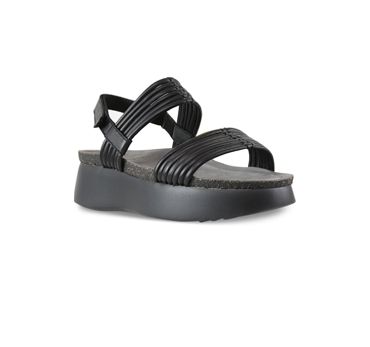 Alessia tubular banded double-strap platform-wedge footbed sandal with hook & loop back strap in black lamb leather-angle view