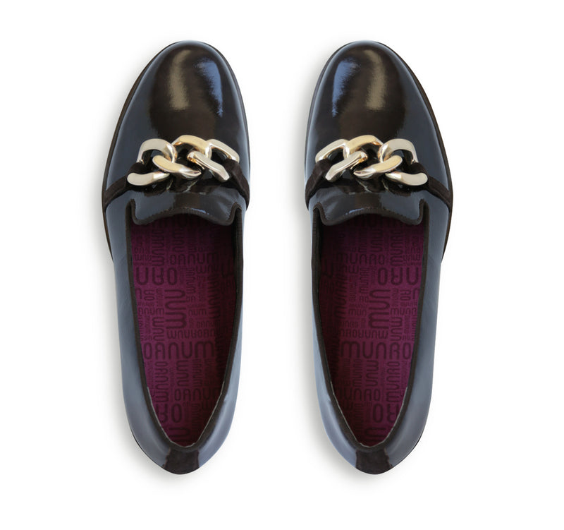 VIV BLACK PATENT LOAFER WITH CHAIN LINK ORNAMENT AND LUG OUTSOLE - TOP VIEW