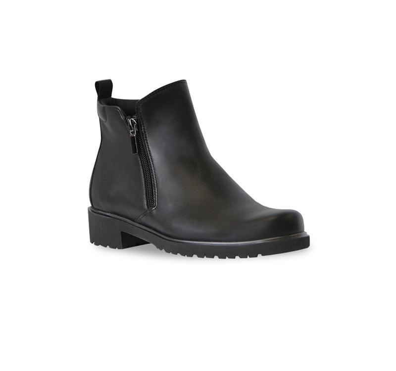 ROURKE DOUBLE ZIPPER ANKLE BOOTIE IN BLACK LEATHER-ANGLE VIEW