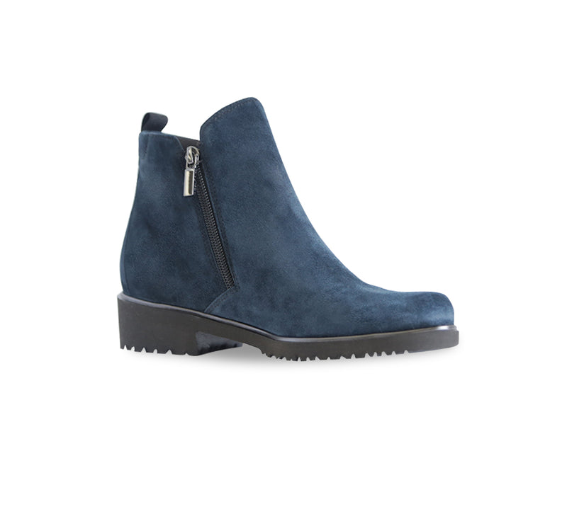 ROURKE DOUBLE ZIPPER ANKLE BOOTIE IN BLUE SUEDE-ANGLE VIEW