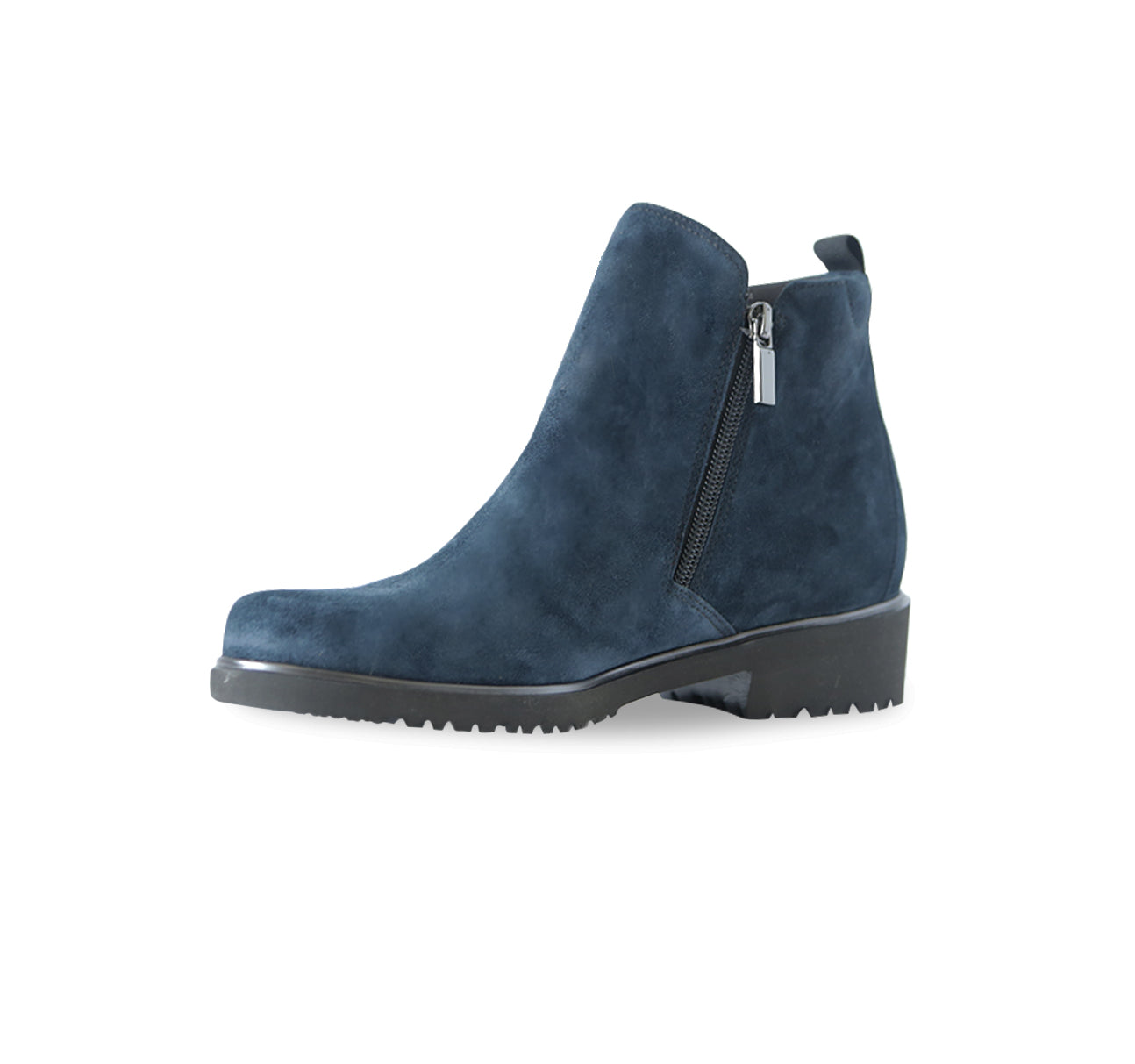 ROURKE DOUBLE ZIPPER ANKLE BOOTIE IN BLUE SUEDE-INSIDE VIEW