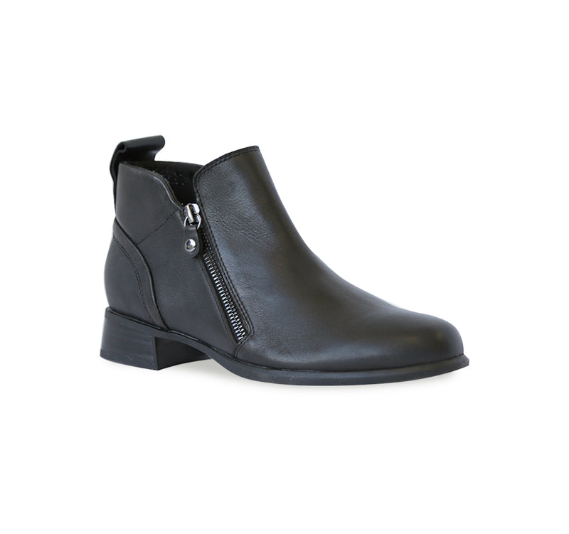 NEKO ANKLE BOOTIE IN BLACK LEATHER WITH DUAL ZIPPERS - ANGLE VIEW