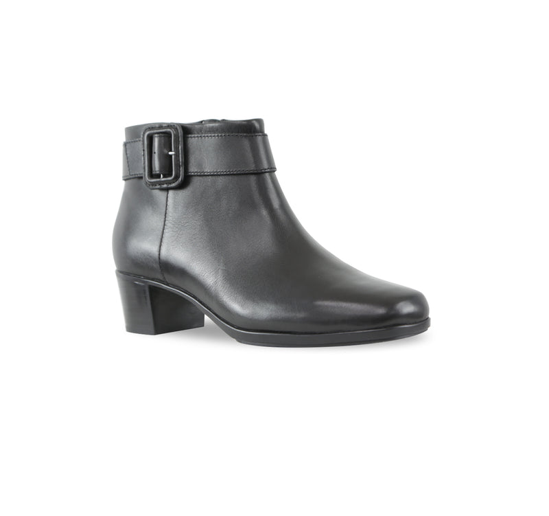 CALLIE ANKLE BOOT WITH FASHION STRAP AND INSIDE ZIPPER IN BLACK LEATHER-ANGLE VIEW