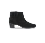 CALLIE ANKLE BOOT WITH FASHION STRAP AND INSIDE ZIPPER IN BLACK SUEDE-SIDE VIEW